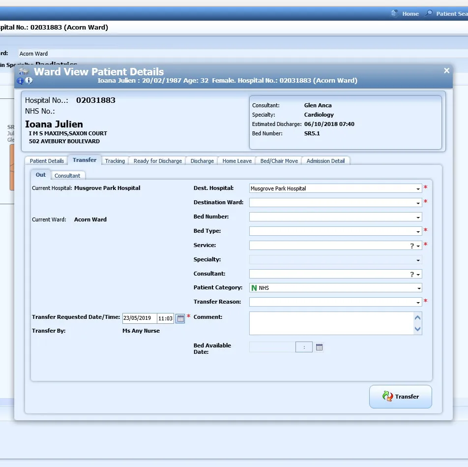 Screenshot of Maxims Enterprise Patient Transfer