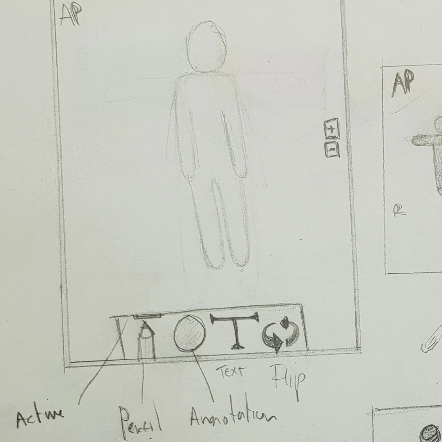 Wireframe sketch noting UI